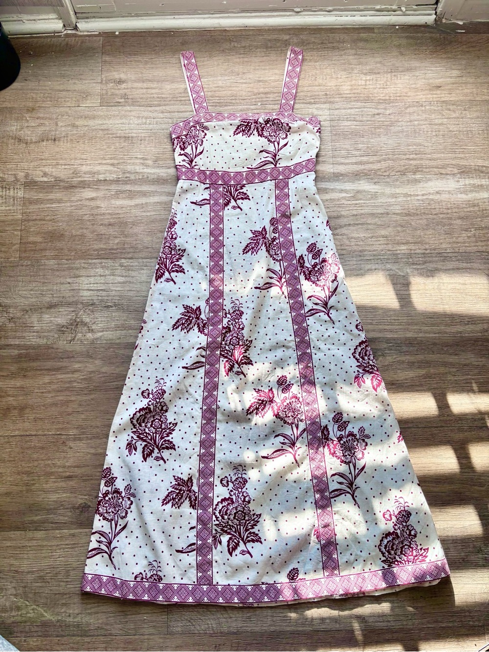 Cottagecore Cotton Linen Block Print Floral Polka Dot Maxi Dress Boho Tulip C.